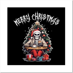 Christmas skull goth Santa with cookies hot chocolate Posters and Art